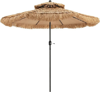Tangkula 9 ft Thatched Patio Umbrella, 2 Tier Hawaiian Style PE Grass Beach Umbrella with 8 Ribs, Tilt Adjustment, Manual Crank, Tiki Umbrella for Backyard, Poolside, Deck