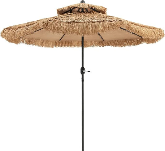 Tangkula 9 ft Thatched Patio Umbrella, 2 Tier Hawaiian Style PE Grass Beach Umbrella with 8 Ribs, Tilt Adjustment, Manual Crank, Tiki Umbrella for Backyard, Poolside, Deck