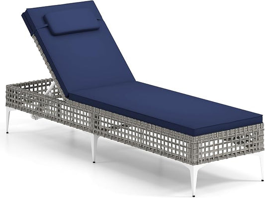 Tangkula Patio Chaise Lounge Chair, PE Wicker Reclining Sun Lounger with 6-Level Adjustable Backrest, Removable Cushion & Headrest, Outdoor Lounge Chair for Poolside, Deck, Backyard (1, Navy)