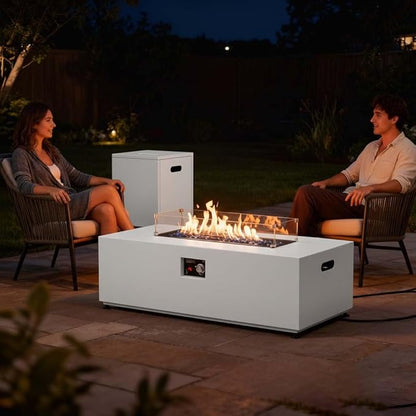 42" Propane Fire Pit Table Set with Tank Holder, Rectangle 2-Piece Outdoor Firepit Wind Guard, Lid, Glass Stones and Cover