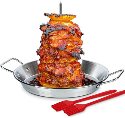 Stainless Steel Vertical Skewer Spit Stand for Grill and Oven with 3 Removable Spikes (8/10/12 inch) - Al Pastor Shawarma Gyro Kebabs Kit Includes Brushes