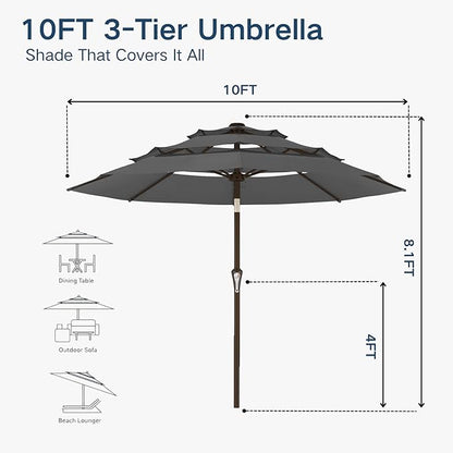 10FT Patio Umbrella 3 Tiers Outdoor Market Umbrella w/Push Button Tilt, Crank, UV and Waterproof Table Umbrella for Garden, Pool, Backyard, Deck, Lawn, Grey