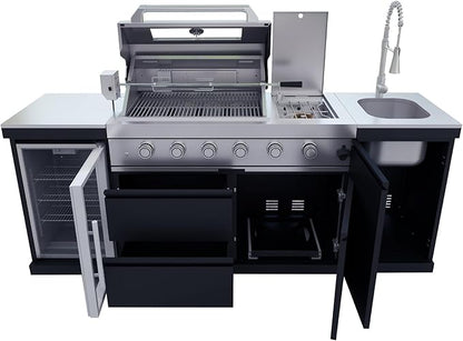 85-Inch 4-Burner Natural Gas Outdoor Kitchen Grill Island - 72000 BTU Stainless Steel BBQ, Refrigerator, Rotisserie, Stainless Countertops, Soft-Close Storage, For Patio, Lawn, Backyard, Black