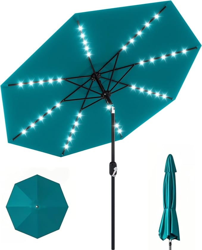 GarveeLife 10 ft Patio Umbrella with Solar Lights, 8 Ribs Outdoor Market Table Umbrella with 40 LED Lights & Tilt Crank for Pool, Deck, Backyard (Turquoise)