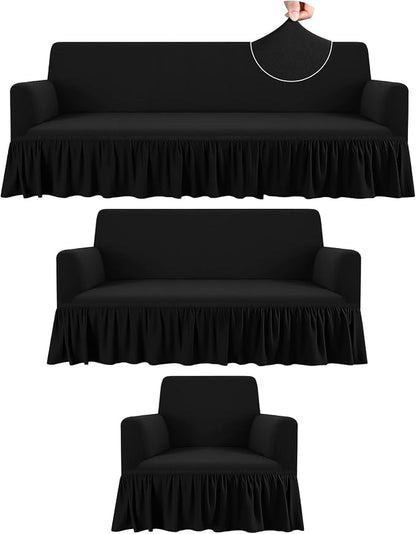 Fanfanwin 3 Pcs Sofa Slipcover Set for Couch Cushion Durable Washable High Elastic Stretchable Furniture Couch Covers with Skirt for Sofa Loveseat Arm Chair(Black,Milk Silk)