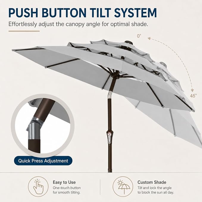 10ft Patio Umbrella, 3-Tier Vented Outdoor Table Umbrella with 8 Sturdy Fiberglass Ribs, Windproof Market Umbrella with Push Button Tilt and Crank, UV Protection for Deck, Pool, Light Gray