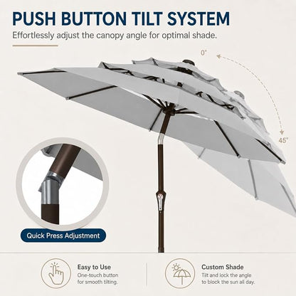 10ft Patio Umbrella, 3-Tier Vented Outdoor Table Umbrella with 8 Sturdy Fiberglass Ribs, Windproof Market Umbrella with Push Button Tilt and Crank, UV Protection for Deck, Pool, Light Gray