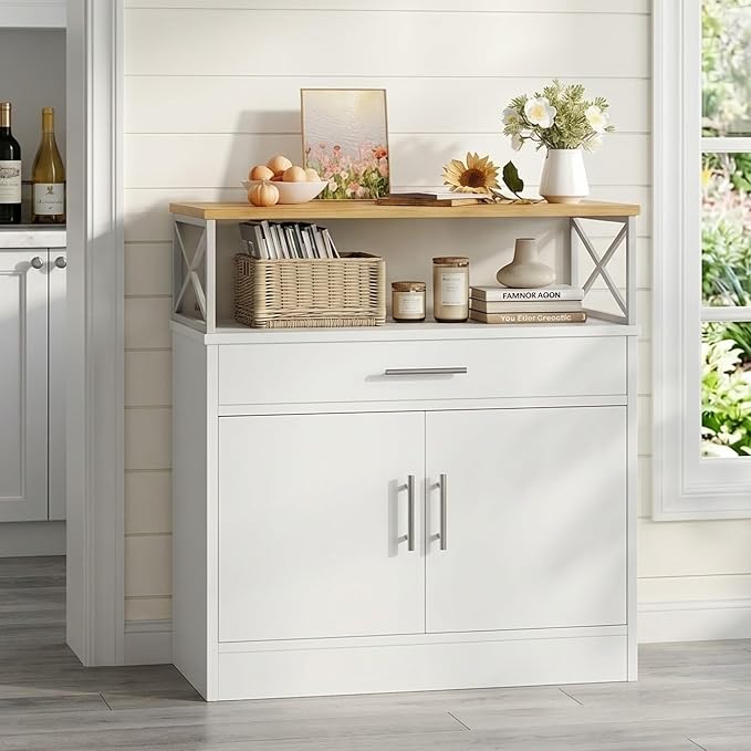 Vongrasig Coffee Bar Cabinet, Farmhouse Kitchen Storage Cabinet with Adjustable Shelf, 31“ Modern Sideboard Buffet Table for Kitchen, Dining Room, White