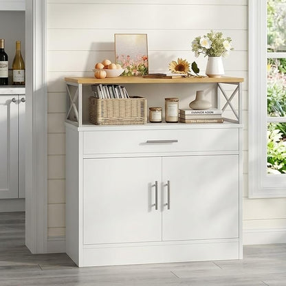 Vongrasig Coffee Bar Cabinet, Farmhouse Kitchen Storage Cabinet with Adjustable Shelf, 31“ Modern Sideboard Buffet Table for Kitchen, Dining Room, White