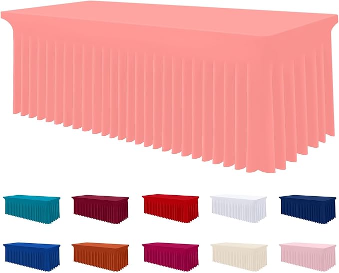Smiry Spandex Elastic Fitted Table Cloth Skirt for 8FT Rectangle Table | Stretch Washable Table Cloth, Banquet Table Cover for Wedding, Party, Indoor & Trade Shows, (Coral Red, 96Lx30Wx30H)