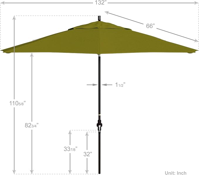 California Umbrella 11Ft Premium Patio Umbrella, Hand-Crank, Tilt-Collar, Bronze Frame, Solution Dyed Kiwi Fabric