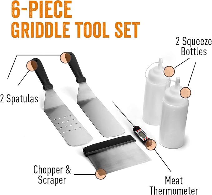 Yukon Glory™ 6 Piece Griddle Tool Kit, Stainless Steel Accessories for Your Griddle, Includes Spatulas, Spray Bottles, Thermometer, and Griddle Scraper