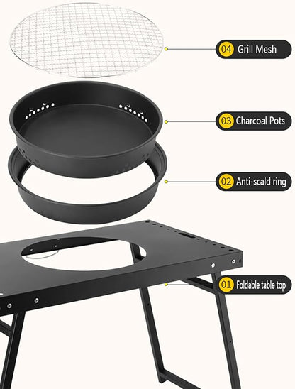 Portable Charcoal Grill, Patio Barbecue BBQ Grill, Black Folding Carbon Steel Barbecue Grill for Outdoor Cooking, Patio, Party, Picnic, Travel, Camping, Home Use (25.5x14.5x18.5 Inch)