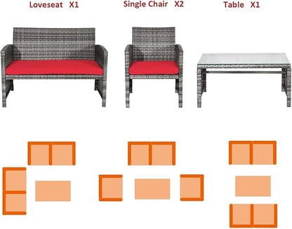 Tangkula 4 PCS Wicker Patio Conversation Set, Outdoor Rattan Sofas with Table Set, Patio Furniture Set with Soft Cushions & Tempered Glass Coffee Table for Poolside Balcony