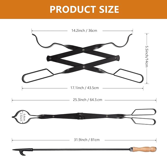 himaly 32" Fireplace Fire Pit Poker Stick & 26" Tongs Heavy Duty Tool Set | Heavy Duty Log Grabber, Campfire Poke Rust Resistant, Camping Fireplace Tools for Indoor/Outdoor