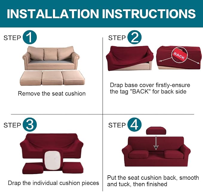 Turquoize 4 Piece Sofa Covers for 3 Cushion Couch Sofa Slipcover Soft Couch Cover for Dogs-Washable Sofa Furniture Covers with 3 Individual Cushion Covers,Jacquard Fabric(3 Cushion Sofa, Burgundy)