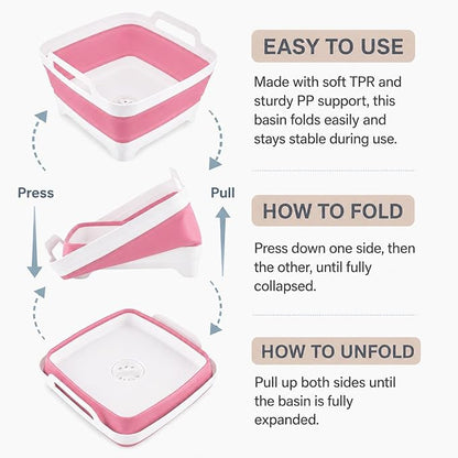 2.4 Gal(9L) Collapsible Dish Basin with Drain Plug, Space Saving Outdoor Multiuse Foldable Sink Tub, Dishpan, Kitchen Storage Tray for Camping, Vegetable Washing, RV (Pink)