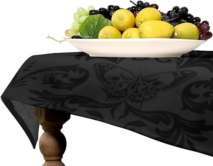 Gothic Black Damask Tablecloth, Vintage Floral Exotic Butterfly Suger Skull Bohemian Antique Table Cloth Water Resistant Table Cover for Farmhouse Party Holiday Kitchen Dinner Table 60x110"