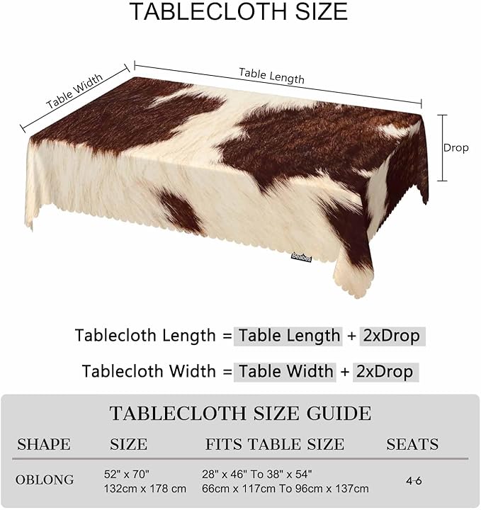 52x70 Inch Tablecloth Cowhide, Farm Cattle Cow Fur Cowhide Print Non-Fading Table Covers Kitchen Dinning Tabletop Decoration, Washable Table Cloth for Outdoor and Indoor Use