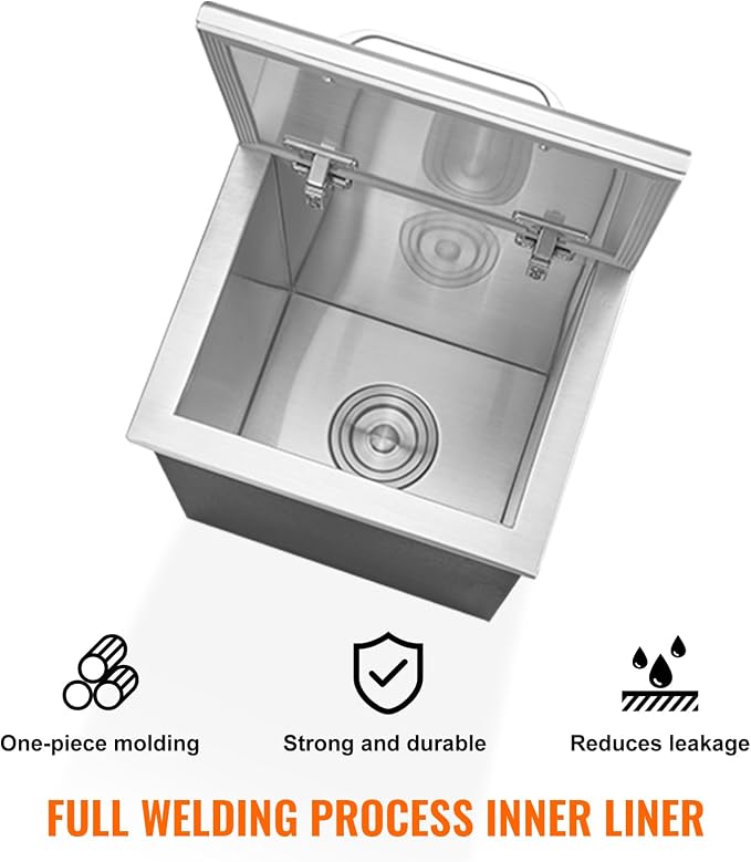 VEVOR Drop in Ice Chest, 14" L x 12" W x 18" H Stainless Steel Ice Cooler, Commercial Ice Bin with Hinged Cover, 40 qt Outdoor Kitchen Ice Bar, Drain-Pipe and Drain Plug Included, for Cold Wine Beer