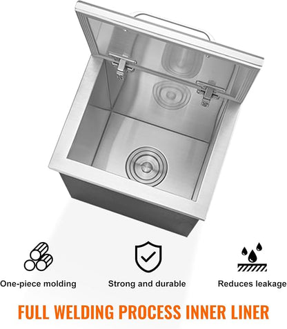 VEVOR Drop in Ice Chest, 14" L x 12" W x 18" H Stainless Steel Ice Cooler, Commercial Ice Bin with Hinged Cover, 40 qt Outdoor Kitchen Ice Bar, Drain-Pipe and Drain Plug Included, for Cold Wine Beer