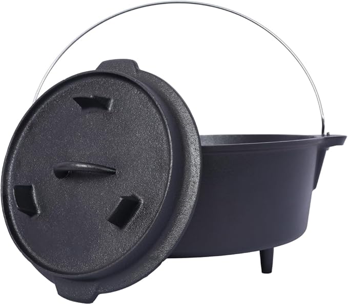 Hibachi Grill Outdoor, Homonova 2 in 1 Pre-Seasoned Cast Iron Dutch Oven with Skillet Lid, Portable Charcoal BBQ for Outdoor Cooking, Camping Fireplace Deep Pot with Leg Base (12 Quart)