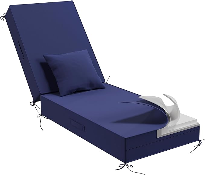 Outdoor Water-Resistant Olefin Chaise Lounge Cushions with Pillow, Weather and Fade Resistant Patio Furniture Lounge Chair Cushion Ideal for Patio, Lawn, Garden, Dark Blue, 80"L x 26"W x 5"T