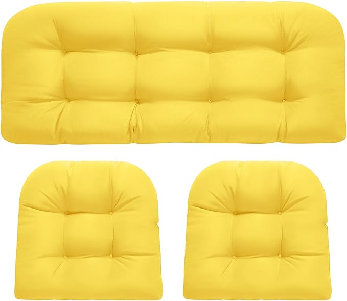 DANGHOOGY Wicker Chair Cushions, Waterproof Outdoor Loveseat Cushions for Patio Furniture, Tufted Wicker Furniture Cushions, 1 Loveseat and 2 U-Shaped Cushions, Yellow