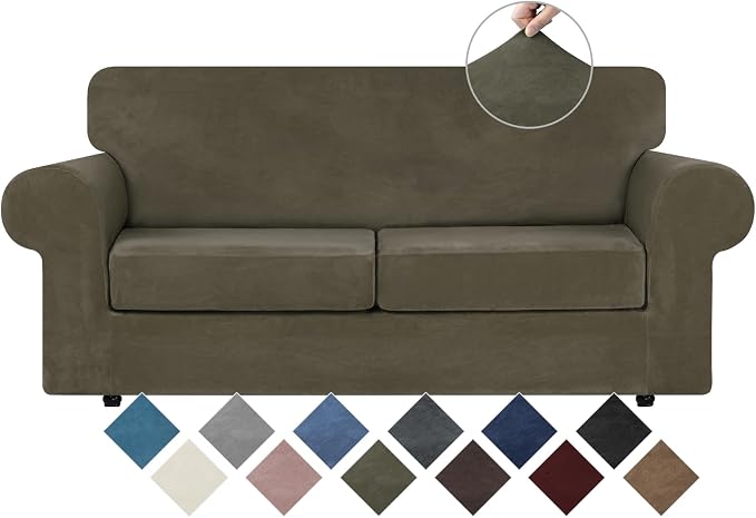 WEERRW Velvet Stretch 3 Pieces Couch Cover for Sofa Washable, Light Brown | Love Seat Couch Covers for 2 Cushion Couch Sofa Furniture Protector slipcoves with Elastic Bottom for Kids, Medium