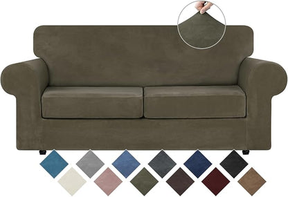WEERRW Velvet Stretch 3 Pieces Couch Cover for Sofa Washable, Light Brown | Love Seat Couch Covers for 2 Cushion Couch Sofa Furniture Protector slipcoves with Elastic Bottom for Kids, Medium