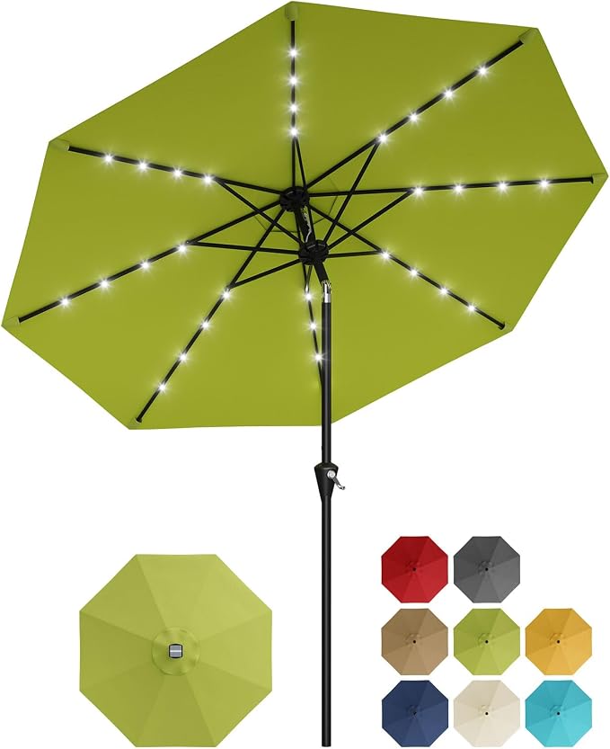 Garvee patio Umbrella with Solar Lights, Outdoor Table Umbrella with 8 Durable Ribs, Tilt & Crank Mechanism, Waterproof & UV Protection for Garden, Backyard, Poolside