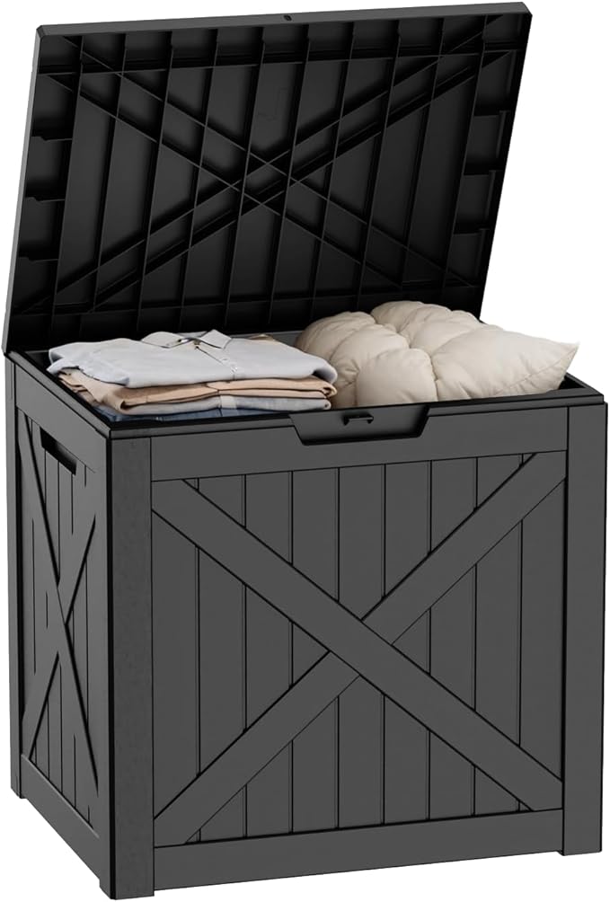 Pepe Tee Waterproof Resin Deck Box, Outdoor Storage Bin for Patio Furniture Cushions, All-Weather Garden Organizer & Seating Bench, Black