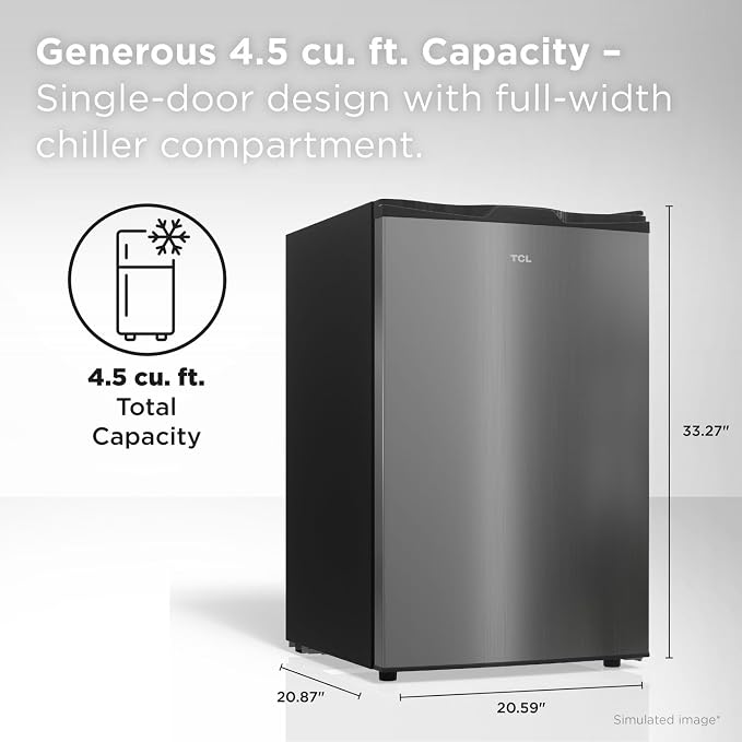 TCL 4.5 Cu. Ft. Compact Single Door Refrigerator, Small, Silver | 4.5-Cu. Ft. Compact Single Door Refrigerator, Silver, No Freezer, for Bedroom, Dorm, Office, Kitchen