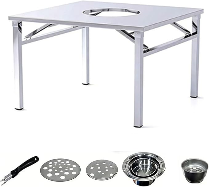 Embedded Stainless Steel Korean Charcoal BBQ Grill Foldable Outdoor Table, Outdoor Barbecue and hot Pot Easy Clean Multifunctional Design Patio Family Party & Restaurant,Square 3.9ft