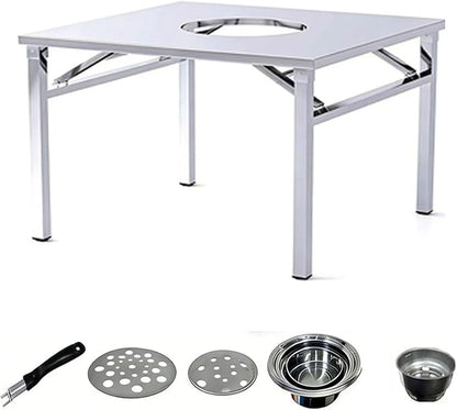 Embedded Stainless Steel Korean Charcoal BBQ Grill Foldable Outdoor Table, Outdoor Barbecue and hot Pot Easy Clean Multifunctional Design Patio Family Party & Restaurant,Square 3.9ft