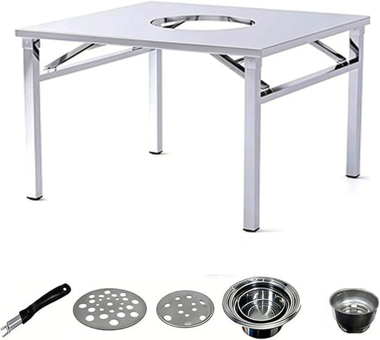 Embedded Stainless Steel Korean Charcoal BBQ Grill Foldable Outdoor Table, Outdoor Barbecue and hot Pot Easy Clean Multifunctional Design Patio Family Party & Restaurant,Square 2.6ft