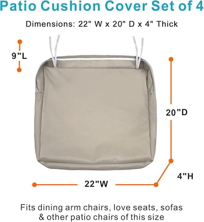 NettyPro Outdoor Cushion Slipcovers Waterproof 4 Pack Patio Chair Seat Cushion Covers with Zipper and Tie, 22 x 20 x 4 Inch, Replacement Cover Only, Khaki