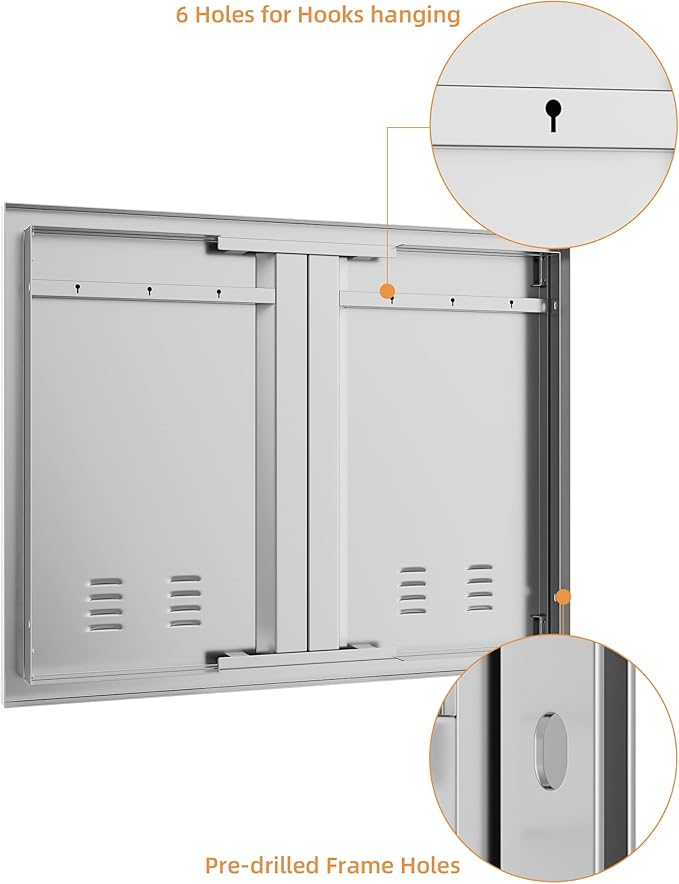 26W x 24H Inch Outdoor Kitchen Doors, 304 Stainless Steel BBQ Access Door with Recessed Handle & Ventsfor for BBQ Island, Grilling Station, Outside Cabinet, Silver