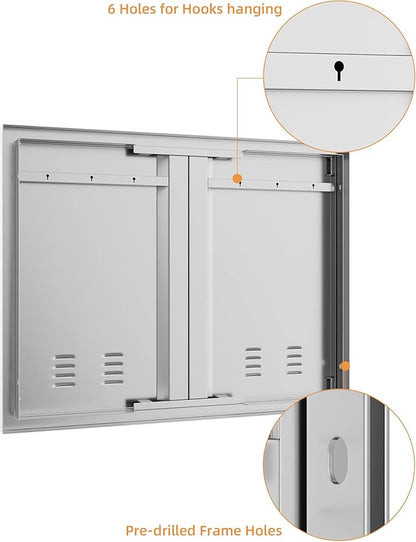 26W x 24H Inch Outdoor Kitchen Doors, 304 Stainless Steel BBQ Access Door with Recessed Handle & Ventsfor for BBQ Island, Grilling Station, Outside Cabinet, Silver