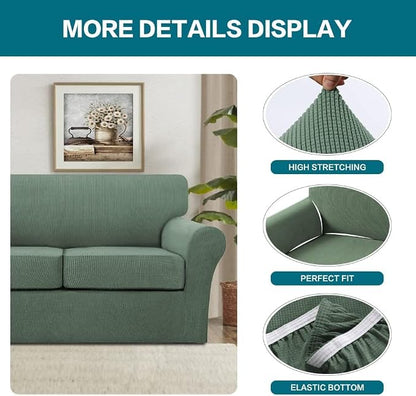 Turquoize 4 Piece Sofa Covers for 3 Cushion Couch Sofa Slipcover Soft Couch Cover for Dogs Washable Furniture Cover with 3 Individual Large Cushion Covers Feature Fabric (Large Sofa, Loden Frost)
