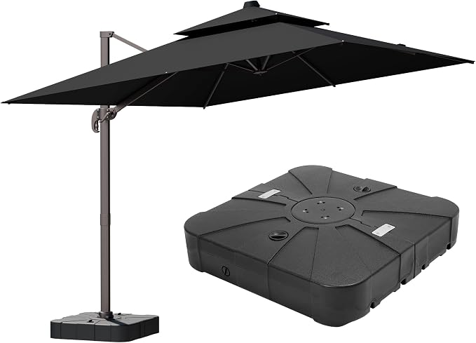 10x13FT Black Cantilever Outdoor Patio Umbrella with Base, Large Rectangular Offset Design, Double Top Heavy Duty Aluminum Frame & 360° Rotation for Pool Garden Deck Backyard