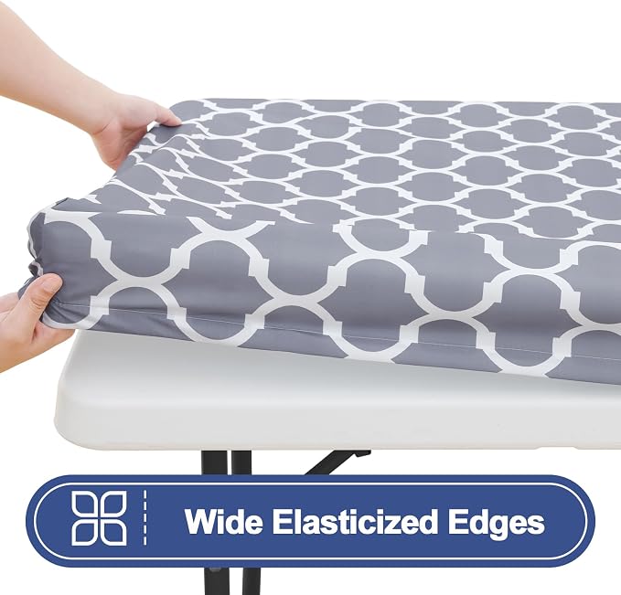 Smiry 2 Pack Rectangle Table Cloth 5 Foot, Waterproof Elastic Fitted Tablecloths, Windproof Washable Polyester Table Cover for Picnic, Camping, Outdoor (Grey, 30"x60")