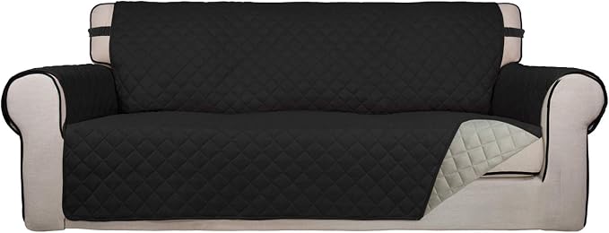 PureFit Reversible Quilted Couch Covers for Dogs Oversized Sofa Cover 78” | Black/Beige, Water Resistant Couch Protector, Washable Pet Couch Cover with Non Slip and Elastic Straps For Kids