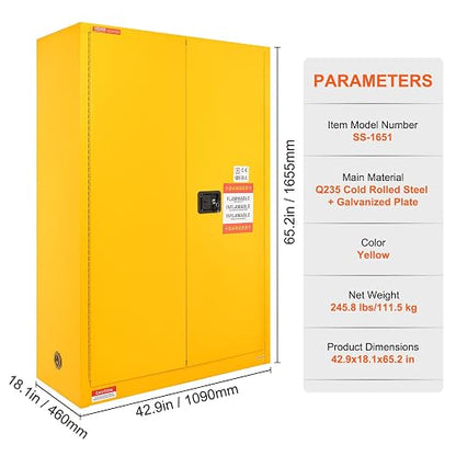 VEVOR Flammable Cabinet, 45 Gal, 18" x 43" x 65", Yellow | Cold-Rolled Steel, Explosion Proof, 2 Adjustable Shelves, 2 Manual Doors, Industrial Use