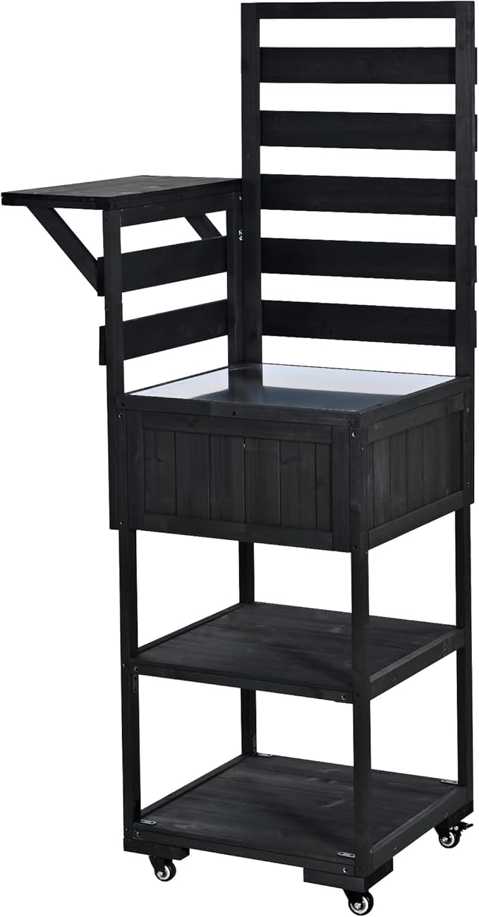 GDFStudio Elshire Patio Kitchen Island Cart with Storage, Wooden Outdoor Storage Cabinet with Stainless Steel BBQ Prep Table Top, Drawers, Raised Shelf and Lockable Wheels, Garden Potting Bench, Black