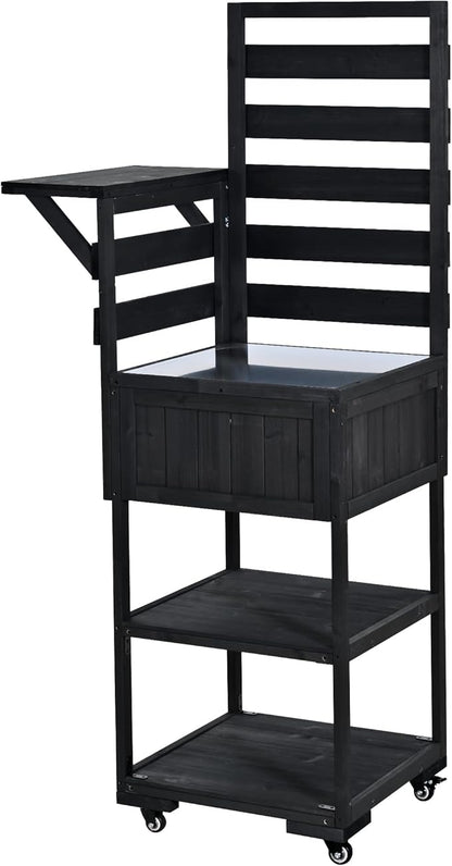 GDFStudio Elshire Patio Kitchen Island Cart with Storage, Wooden Outdoor Storage Cabinet with Stainless Steel BBQ Prep Table Top, Drawers, Raised Shelf and Lockable Wheels, Garden Potting Bench, Black