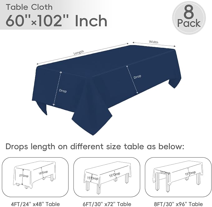 8 Pack Navy Blue Tablecloth 60 x 102 Inch Rectangle For 6 Foot Tables | Wrinkle Resistant, Washable Polyester Fabric, Rectangular Table Cloth for Wedding Party Banquet Buffet and Camping