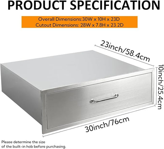 GarveeTech Outdoor Kitchen Drawers, 30x10 in Stainless Steel BBQ Drawer, Flush Mount Built-in Drawer for Outdoor Kitchen Island & BBQ Islands, Silent, Fully Assembled, 30 in W x 23 in D x 10 in H