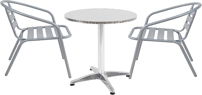 Gray Indoor Outdoor 23.75" Restaurant Stainless Steel Silver Aluminum + 2 Metal Slat Stack Commercial Lightweight, 2 Chairs with a Round Table