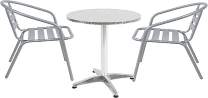 Gray Indoor Outdoor 23.75" Restaurant Stainless Steel Silver Aluminum + 2 Metal Slat Stack Commercial Lightweight, 2 Chairs with a Round Table